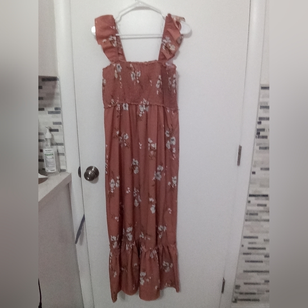 INSPIRED HEARTS BEIGE FLORAL SMOCKED TOP WITH RUFFLE COTTAGECORE DRESS LG